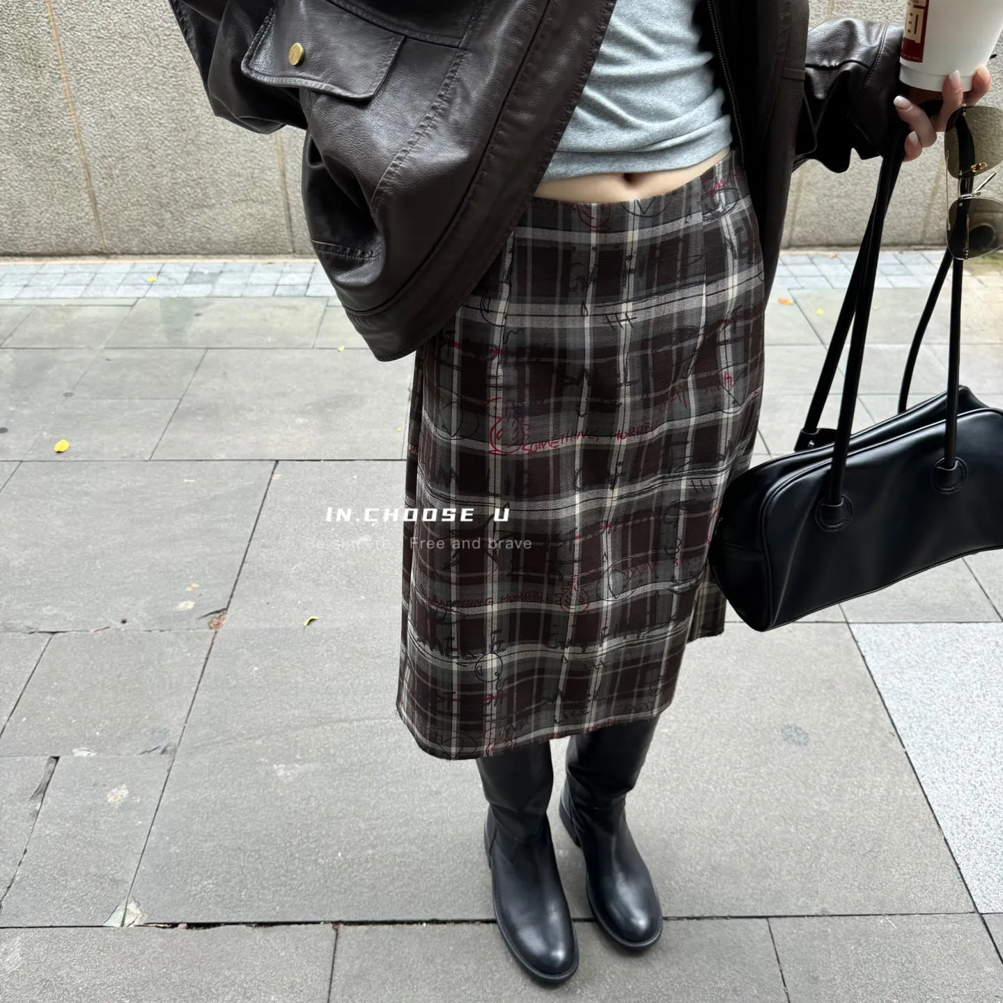 Uniwim jorts mens outfits 2024 Autumn and Winter Urban Commuter Retro Slimming Thick Composite Graffiti Printed Plaid Midi Dress