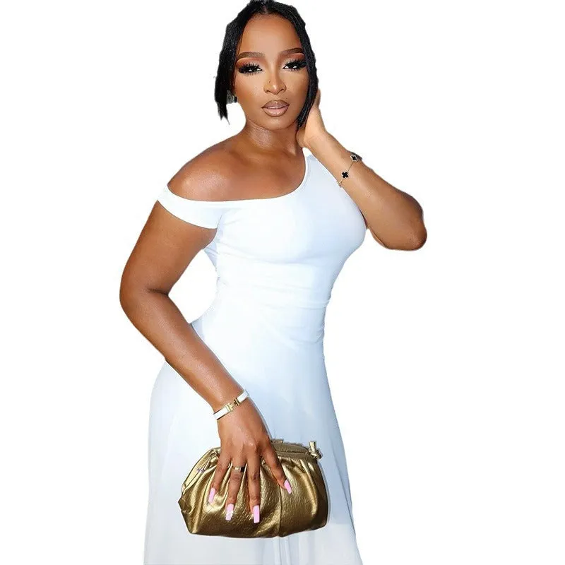 Uniwim maternity Style Ins Women's Fashion Solid Color Dress Oblique Collar off-Shoulder Sleeveless Irregular Skirt Dress