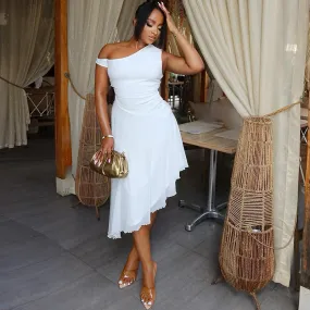 Uniwim maternity Style Ins Women's Fashion Solid Color Dress Oblique Collar off-Shoulder Sleeveless Irregular Skirt Dress