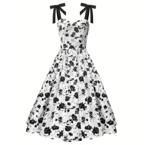 Uniwim pop culture dress to impress Women's Ink Rose Print off-Neck Sleeveless Sling High Waist Elegant Retro Dress