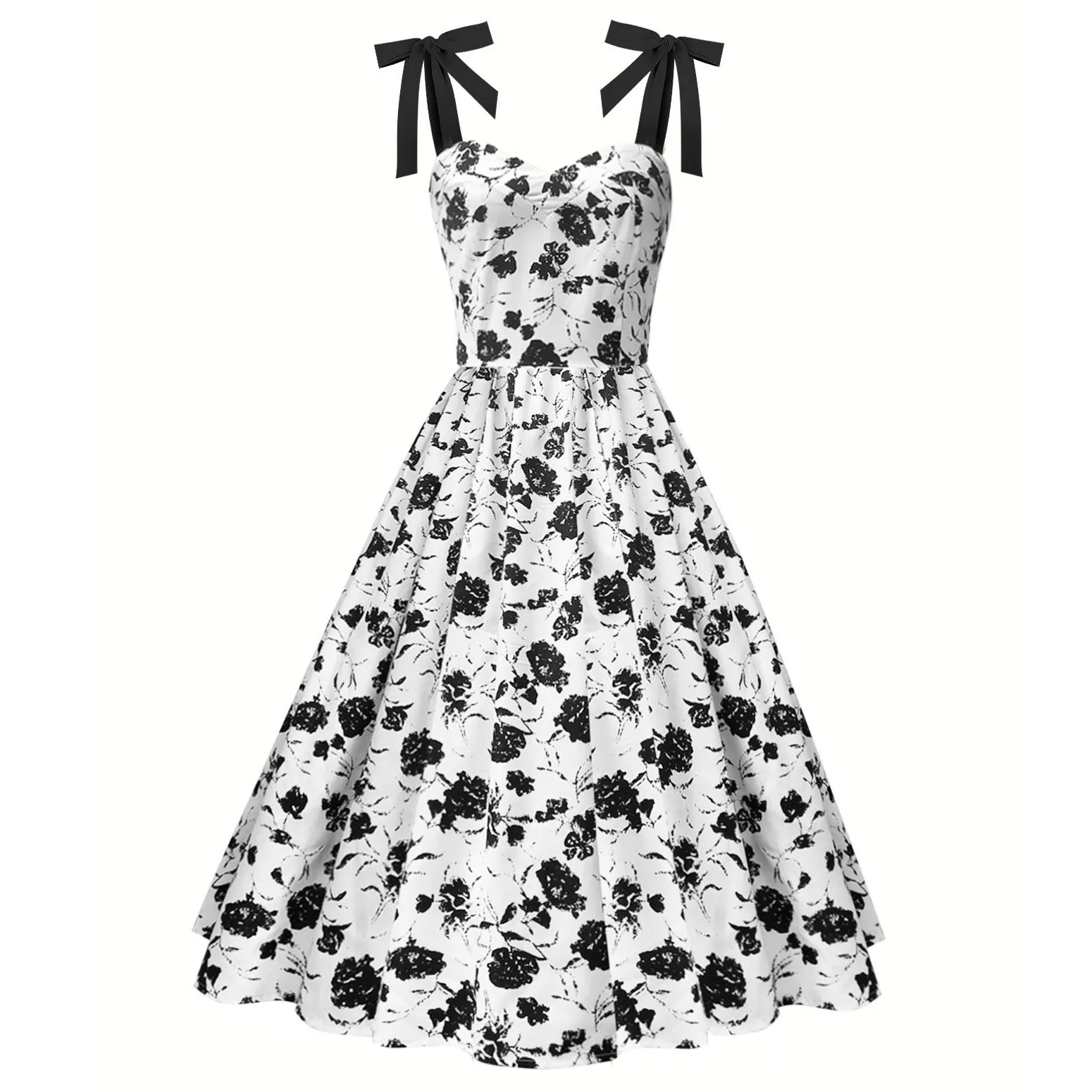 Uniwim pop culture dress to impress Women's Ink Rose Print off-Neck Sleeveless Sling High Waist Elegant Retro Dress