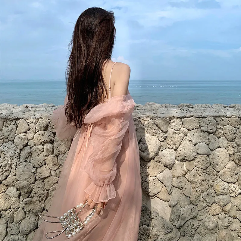 Uniwim unique hoco dresses French Style Sexy High-Grade Strap Pink Mori Fairy Dress Sanya Seaside Vacation Photography Beach Dress for Women