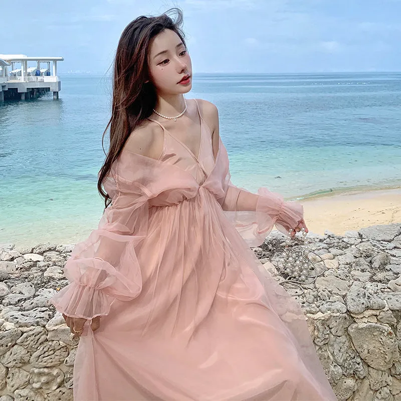Uniwim unique hoco dresses French Style Sexy High-Grade Strap Pink Mori Fairy Dress Sanya Seaside Vacation Photography Beach Dress for Women
