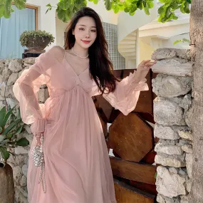Uniwim unique hoco dresses French Style Sexy High-Grade Strap Pink Mori Fairy Dress Sanya Seaside Vacation Photography Beach Dress for Women