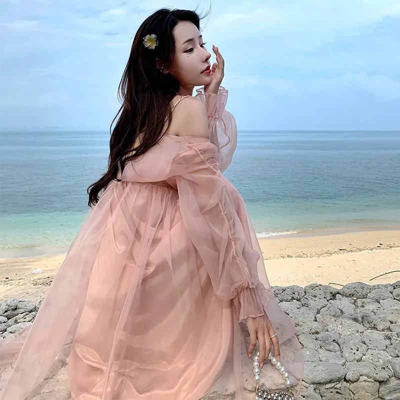 Uniwim unique hoco dresses French Style Sexy High-Grade Strap Pink Mori Fairy Dress Sanya Seaside Vacation Photography Beach Dress for Women