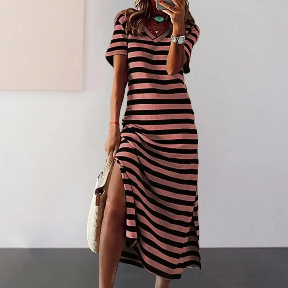 Uniwim Summer Dresses 2024 Woman Plus Size Dresses For Women Casual Stripe Print V-neck Short Sleeve Loose Long Dress Robe Femme