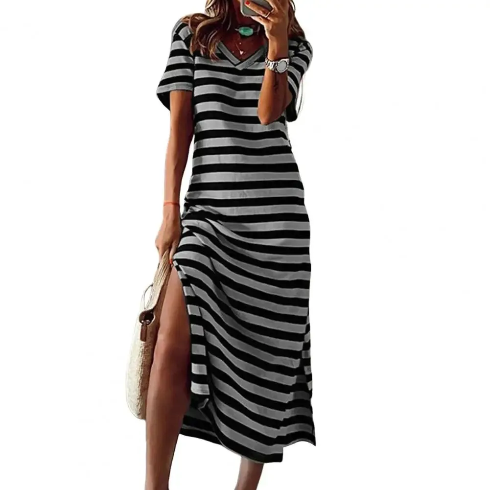Uniwim Summer Dresses 2024 Woman Plus Size Dresses For Women Casual Stripe Print V-neck Short Sleeve Loose Long Dress Robe Femme