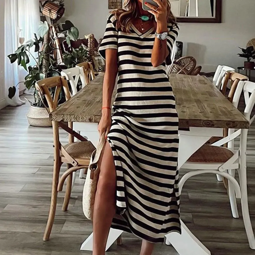Uniwim Summer Dresses 2024 Woman Plus Size Dresses For Women Casual Stripe Print V-neck Short Sleeve Loose Long Dress Robe Femme