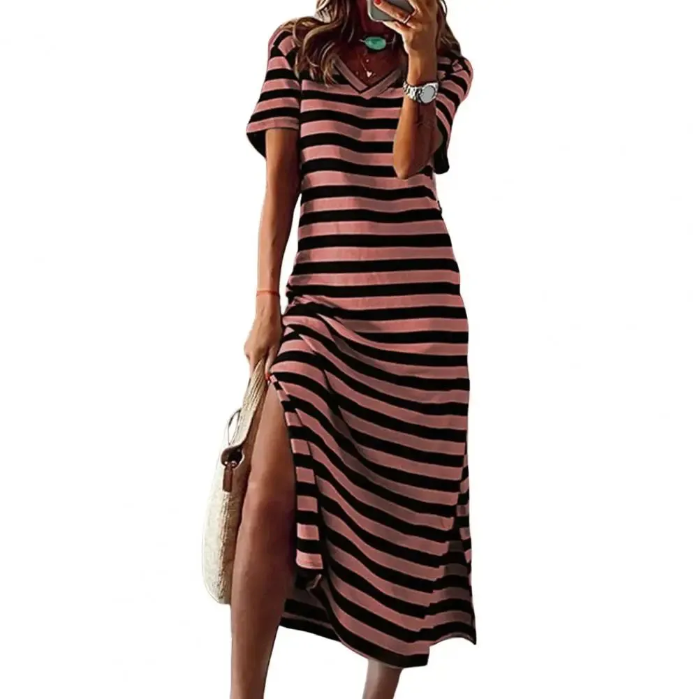 Uniwim Summer Dresses 2024 Woman Plus Size Dresses For Women Casual Stripe Print V-neck Short Sleeve Loose Long Dress Robe Femme