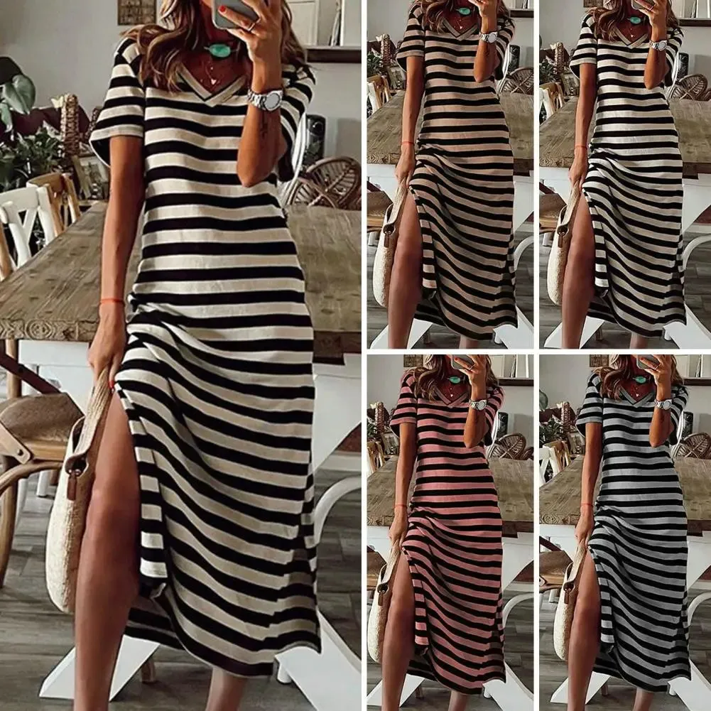Uniwim Summer Dresses 2024 Woman Plus Size Dresses For Women Casual Stripe Print V-neck Short Sleeve Loose Long Dress Robe Femme