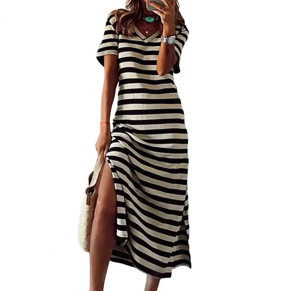 Uniwim Summer Dresses 2024 Woman Plus Size Dresses For Women Casual Stripe Print V-neck Short Sleeve Loose Long Dress Robe Femme