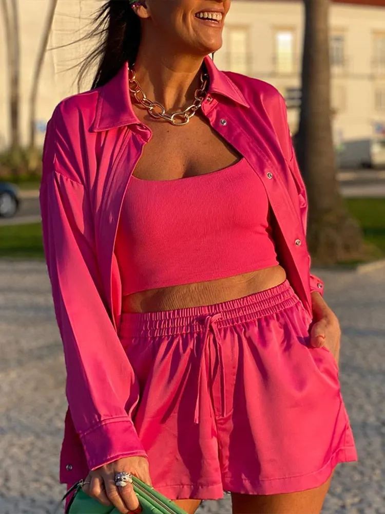 Wenkouban Back To School Silk Satin Shorts Two Piece Set Loose Single Breasted Shirt Lace Up Straight Pants Outfits Female Casual Suits