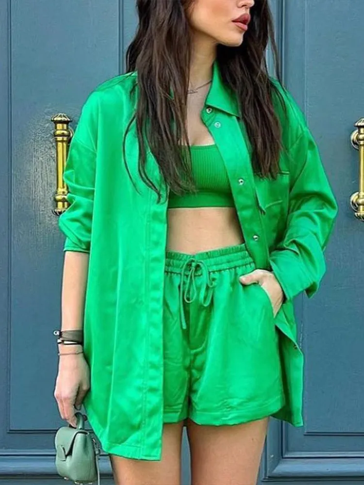 Wenkouban Back To School Silk Satin Shorts Two Piece Set Loose Single Breasted Shirt Lace Up Straight Pants Outfits Female Casual Suits