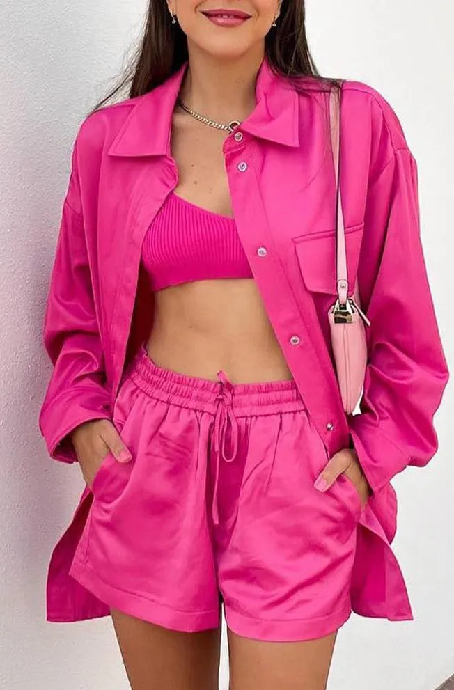 Wenkouban Back To School Silk Satin Shorts Two Piece Set Loose Single Breasted Shirt Lace Up Straight Pants Outfits Female Casual Suits