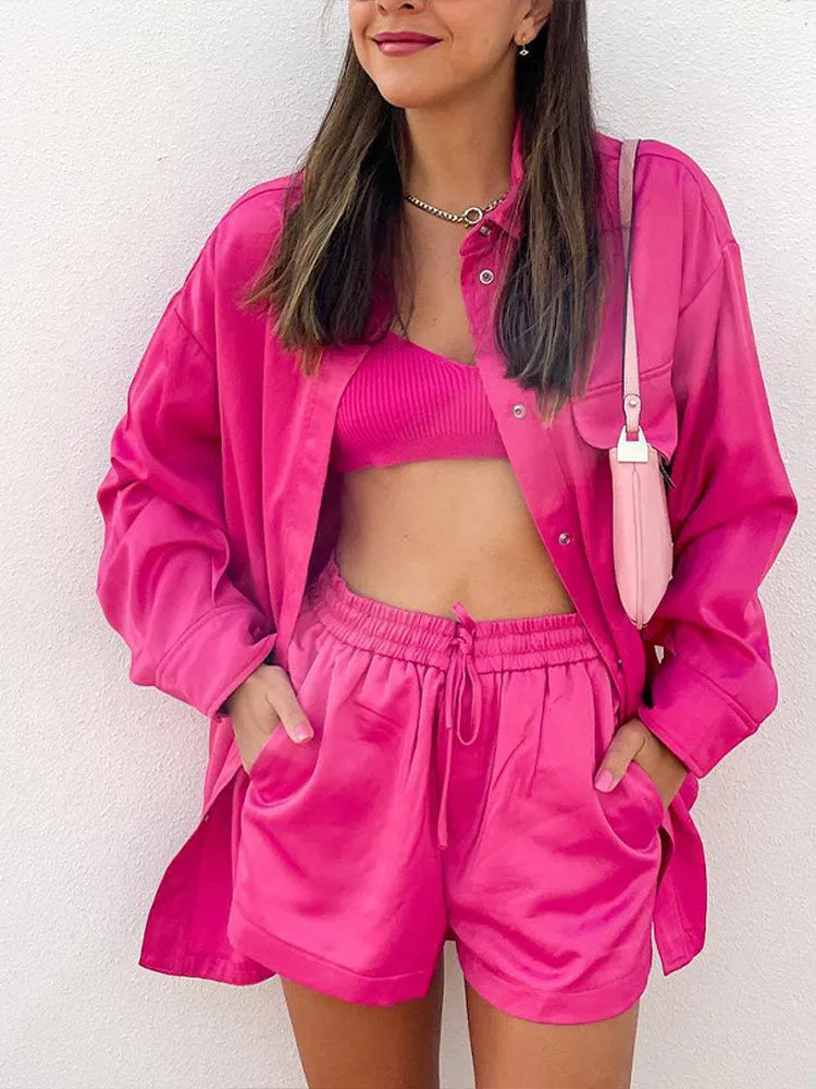 Wenkouban Back To School Silk Satin Shorts Two Piece Set Loose Single Breasted Shirt Lace Up Straight Pants Outfits Female Casual Suits