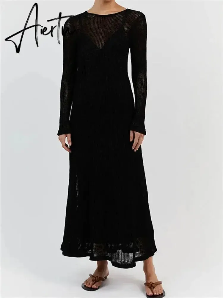 White Crochet Hollow Out Midi Dress For Women Long Sleeve Casual Dress Beach Holiday See-Through Summer Dress Cover-Up