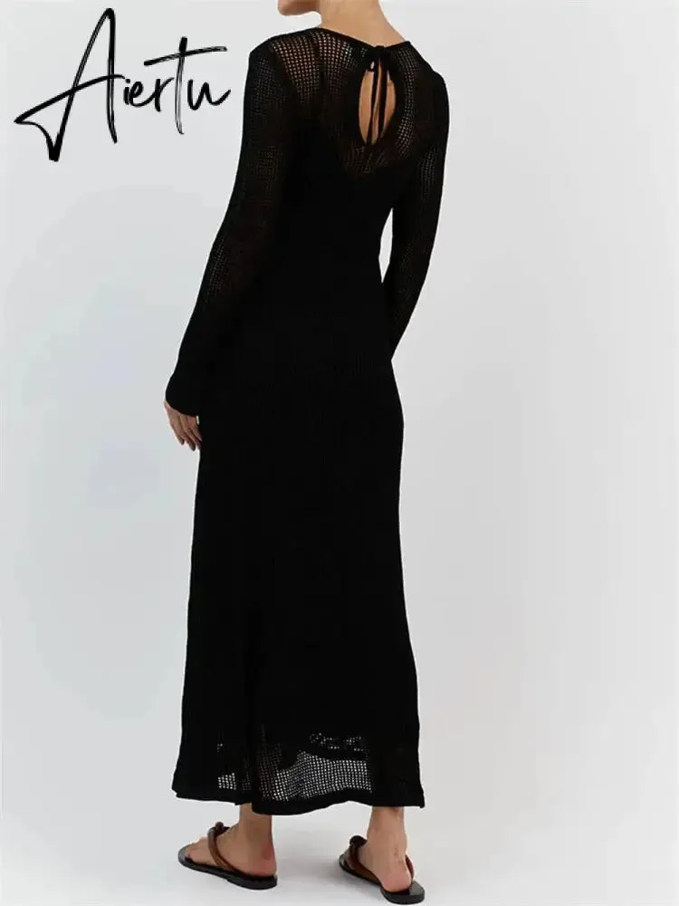 White Crochet Hollow Out Midi Dress For Women Long Sleeve Casual Dress Beach Holiday See-Through Summer Dress Cover-Up