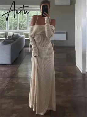 White Crochet Hollow Out Midi Dress For Women Long Sleeve Casual Dress Beach Holiday See-Through Summer Dress Cover-Up