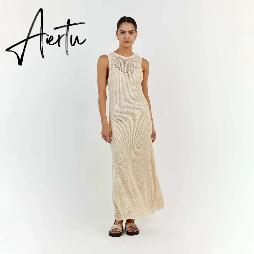 White Crochet Hollow Out Midi Dress For Women Long Sleeve Casual Dress Beach Holiday See-Through Summer Dress Cover-Up