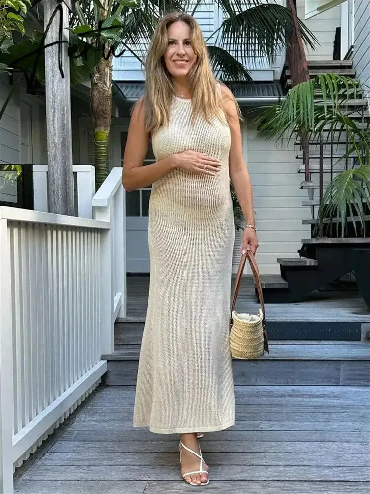 White Crochet Hollow Out Midi Dress For Women Long Sleeve Casual Dress Beach Holiday See-Through Summer Dress Cover-Up