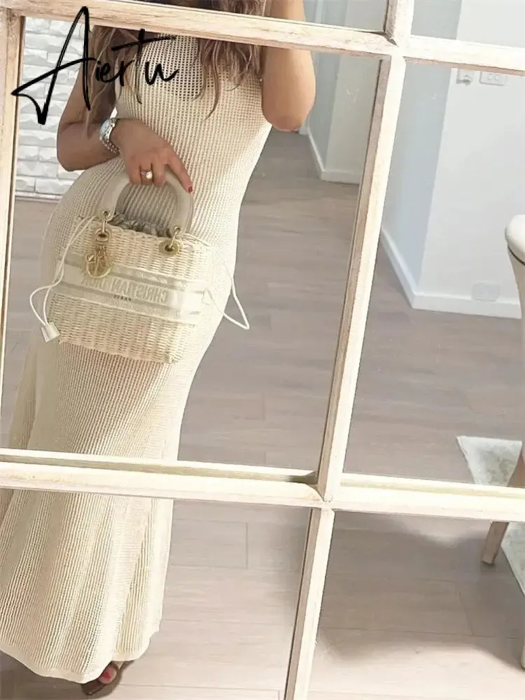 White Crochet Hollow Out Midi Dress For Women Long Sleeve Casual Dress Beach Holiday See-Through Summer Dress Cover-Up
