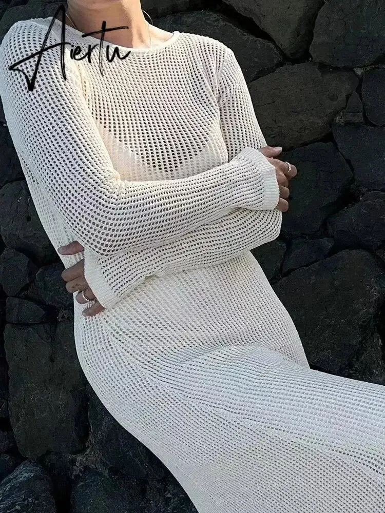 White Crochet Hollow Out Midi Dress For Women Long Sleeve Casual Dress Beach Holiday See-Through Summer Dress Cover-Up