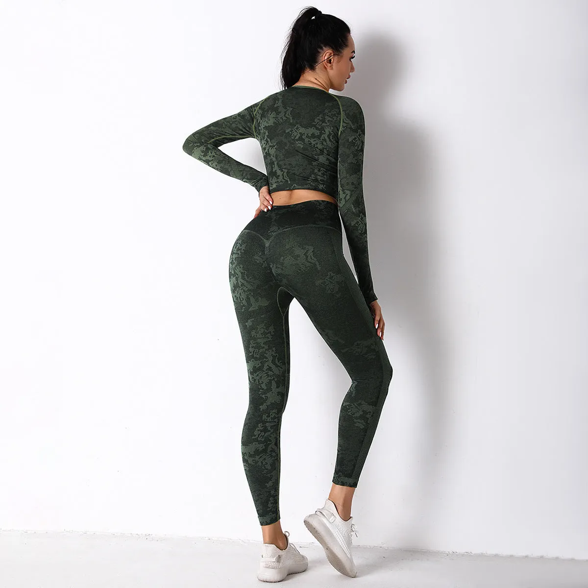 Yoga Clothes Women Seamless Knitted Camouflage Corset Yoga Suit High Elastic Corset Long Sleeve Yoga Pants Women