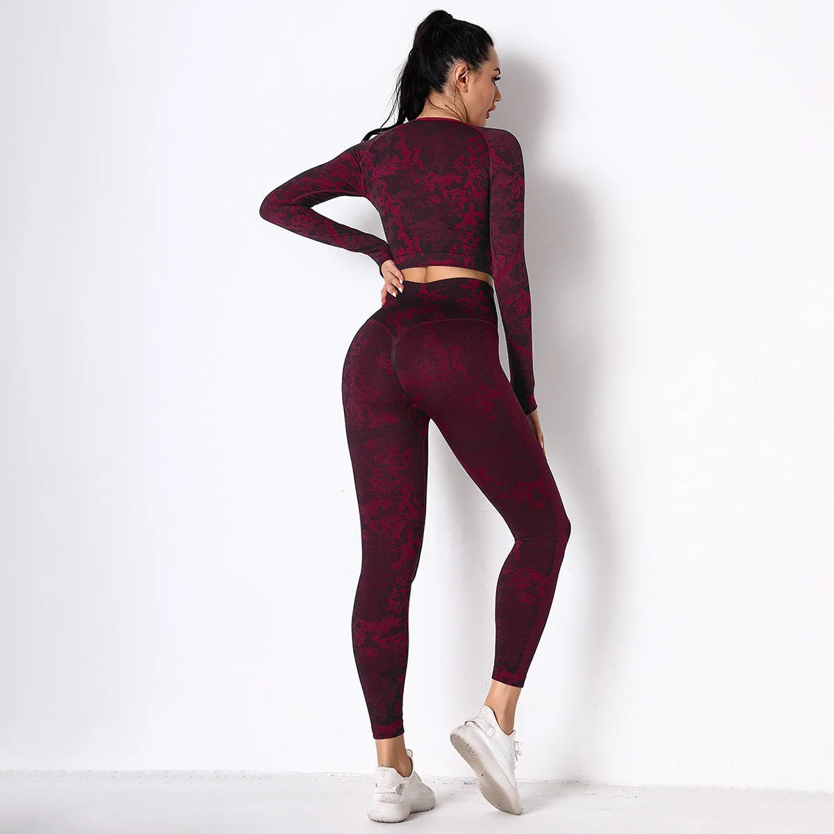 Yoga Clothes Women Seamless Knitted Camouflage Corset Yoga Suit High Elastic Corset Long Sleeve Yoga Pants Women